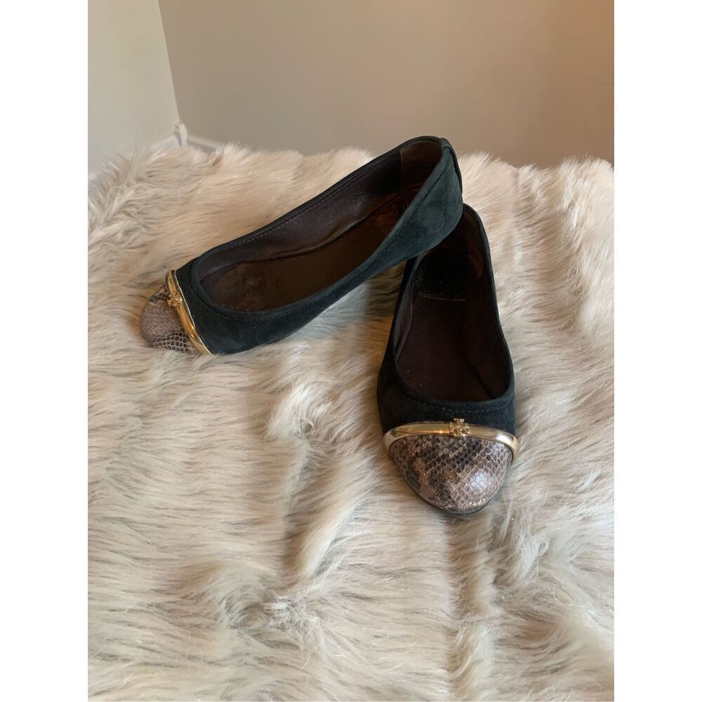 Tory Burch Pacey Driver Green Suede Snakeskin Cap Toe Ballet Flats Size 6.5 M